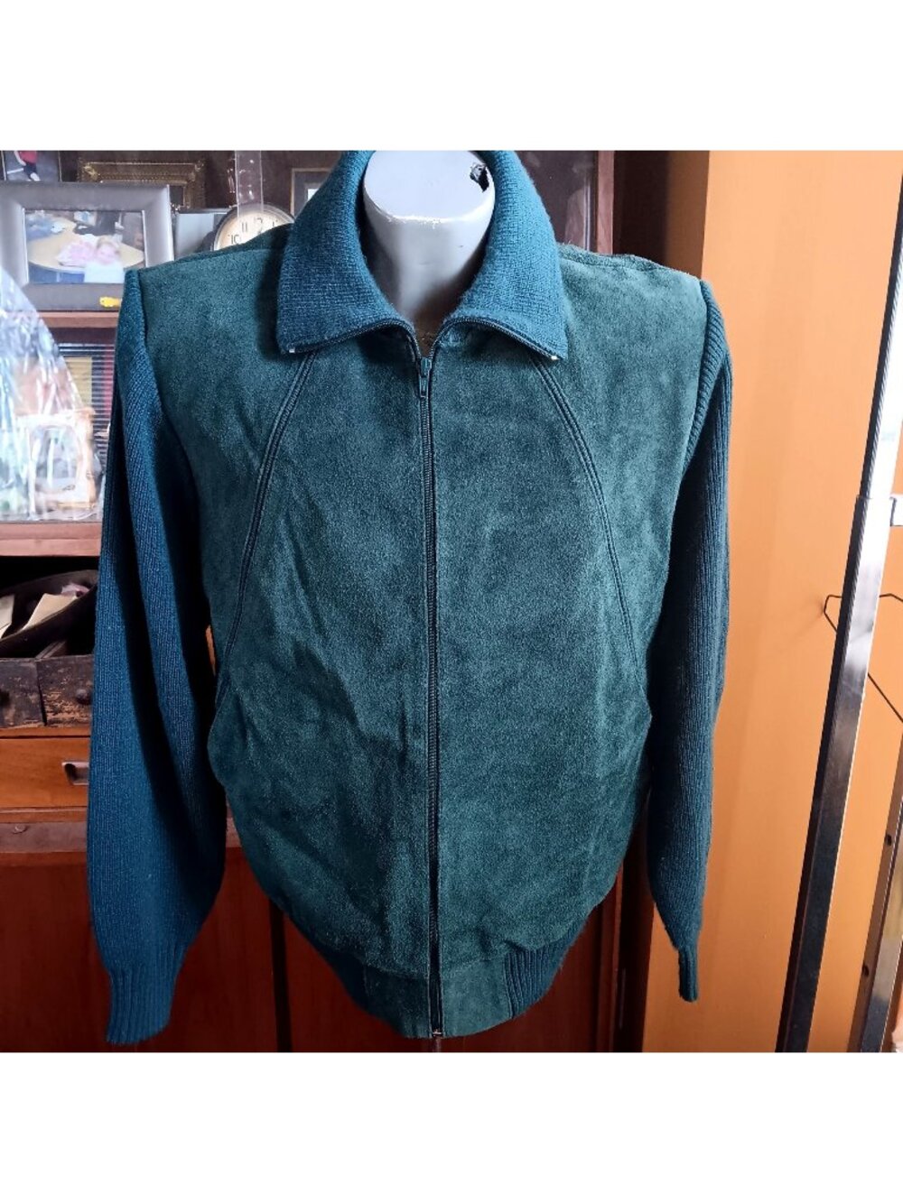 Ultra Nerd True Vintage Large Suede Jacket 80's Forest Green Knit Sleeve Bomber